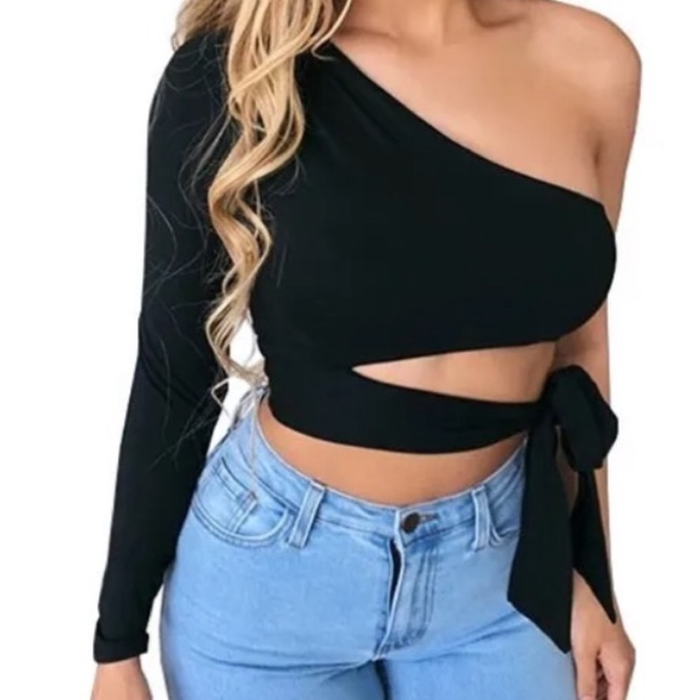 Iris Classic Black Bandage One-shoulder Long Sleeve Sexy Top Size S